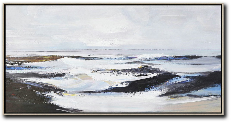 Abstract Painting Extra Large Canvas Art,Horizontal Palette Knife Landscape Art Panoramic Canvas Painting,Modern Wall Decor,White,Grey,Blue,Brown,Black.etc